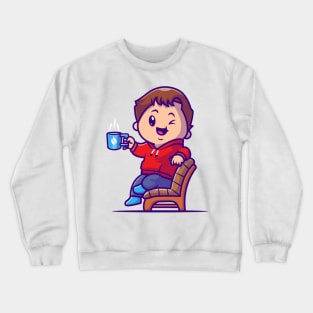 Cute Boy Drink Hot Coffee On Chair Cartoon Crewneck Sweatshirt